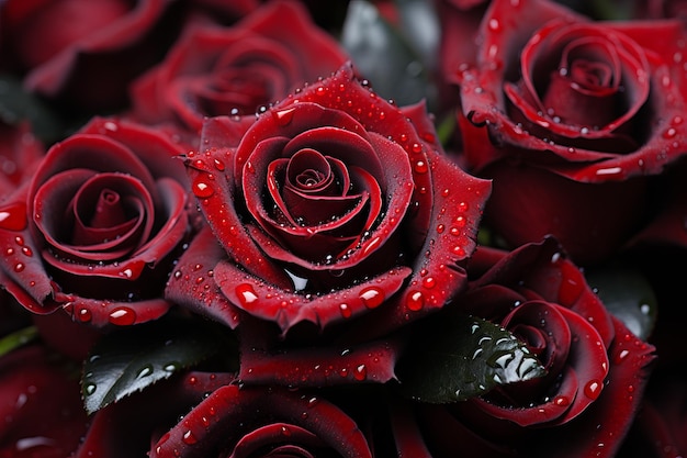 A close up of a bunch of red roses with water droplets