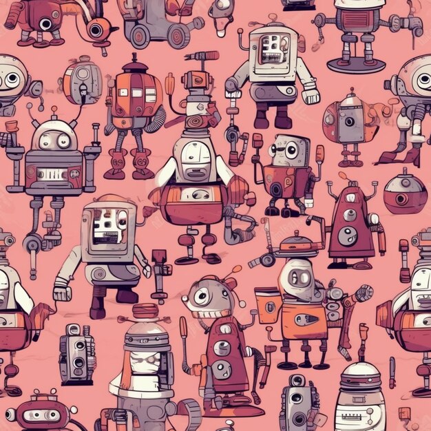 A close up of a bunch of robots on a pink background generative ai