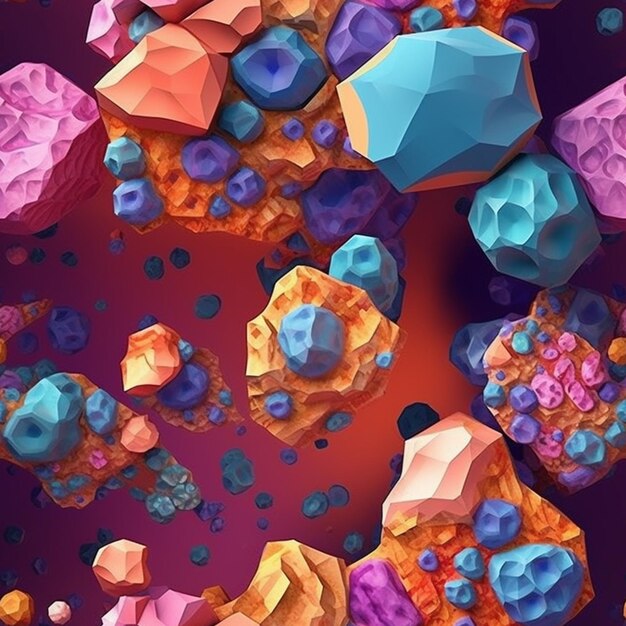 A close up of a bunch of rocks and flowers on a purple background generative ai