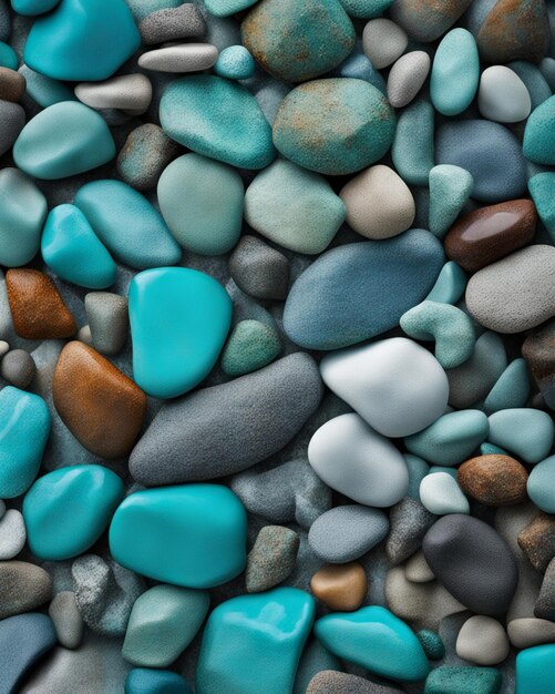 a close up of a bunch of rocks rocks blue wall turquoise smooth rocks many small and colorful