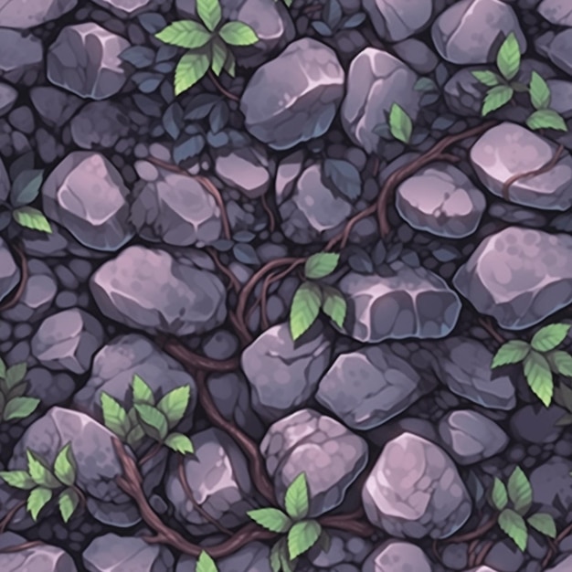 Photo a close up of a bunch of rocks with leaves on them generative ai