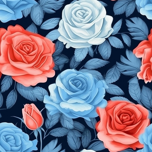 a close up of a bunch of roses on a blue background generative ai