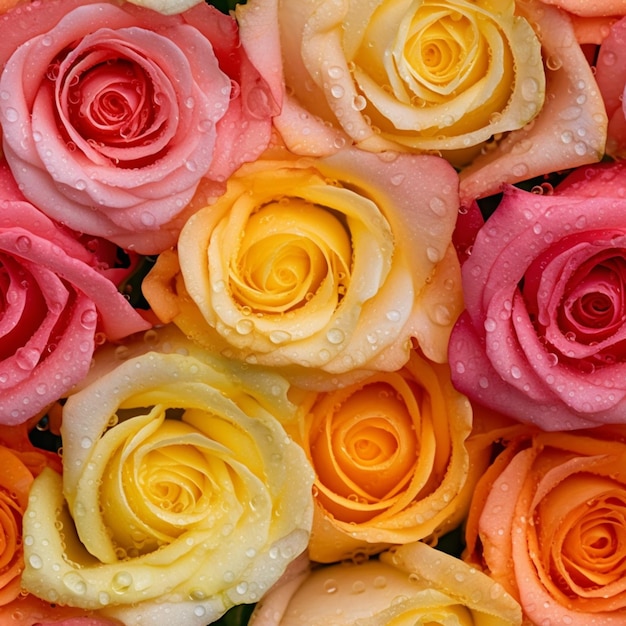 A close up of a bunch of roses with water droplets generative ai