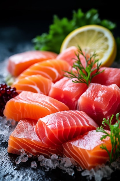 A close up of a bunch of salmon on a plate with a lemon generative ai