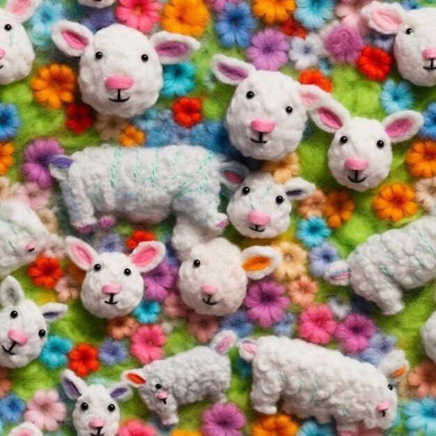 a close up of a bunch of sheep on a colorful blanket generative ai