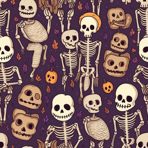 a close up of a bunch of skeletons with pumpkins generative ai