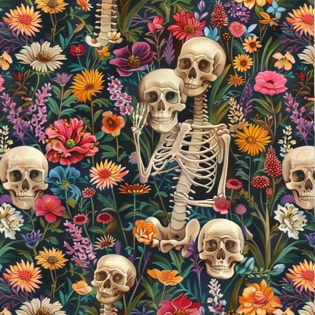 a close up of a bunch of skulls in a field of flowers generative ai