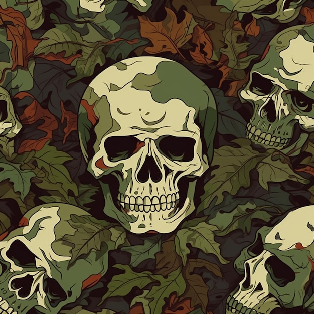 a close up of a bunch of skulls on a field of leaves generative ai