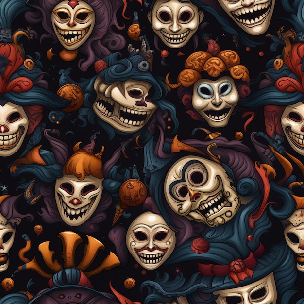 a close up of a bunch of skulls with different colored hair generative ai