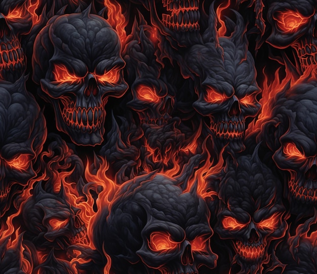 Photo a close up of a bunch of skulls with flames on them generative ai