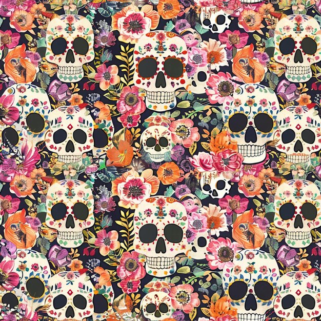 a close up of a bunch of skulls with flowers on them generative ai