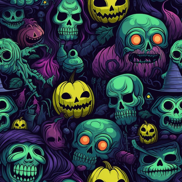 a close up of a bunch of skulls with glowing eyes generative ai