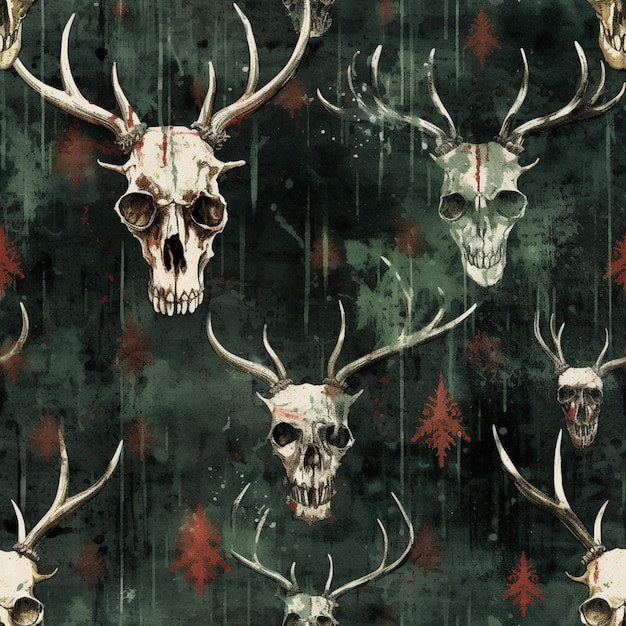 a close up of a bunch of skulls with horns on a wall generative ai