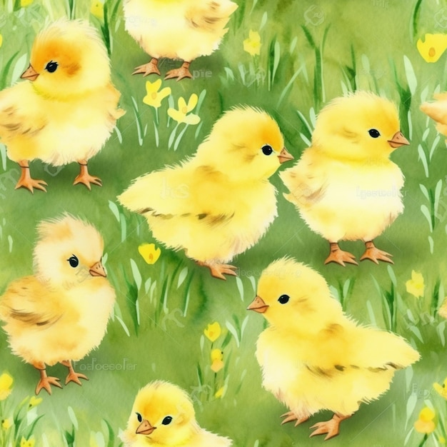 a close up of a bunch of small yellow chickens in a field generative ai