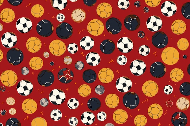 A close up of a bunch of soccer balls on a red background generative ai