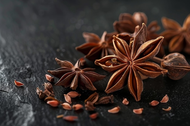 Photo a close up of a bunch of star anise on a black surface