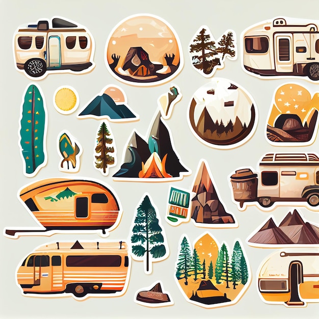 a close up of a bunch of stickers with different types of camping equipment generative ai