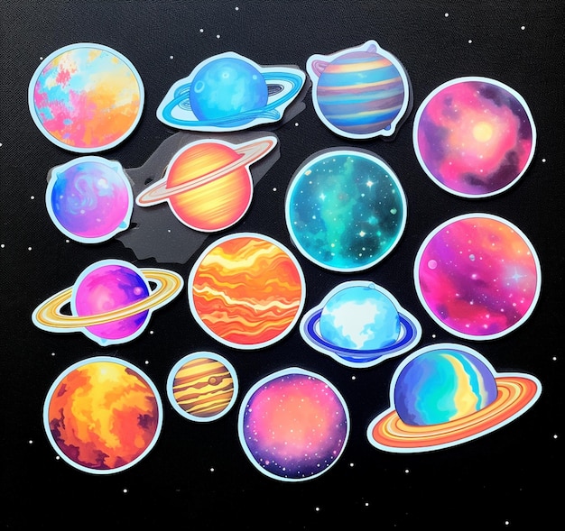 Photo a close up of a bunch of stickers with planets on them generative ai