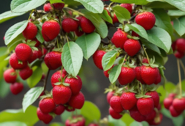 A close up of a bunch of strawberries hanging from a tree