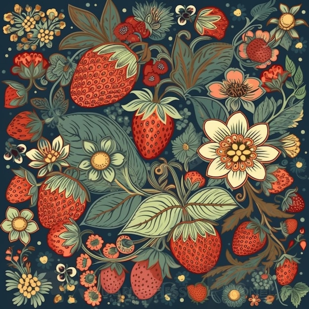 a close up of a bunch of strawberries with flowers and leaves generative ai