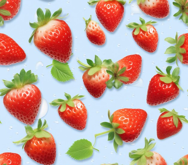 A close up of a bunch of strawberries with leaves on a blue background generative ai