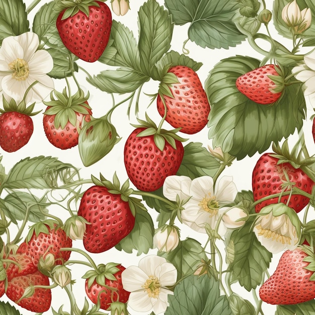 A close up of a bunch of strawberries with leaves and flowers generative ai
