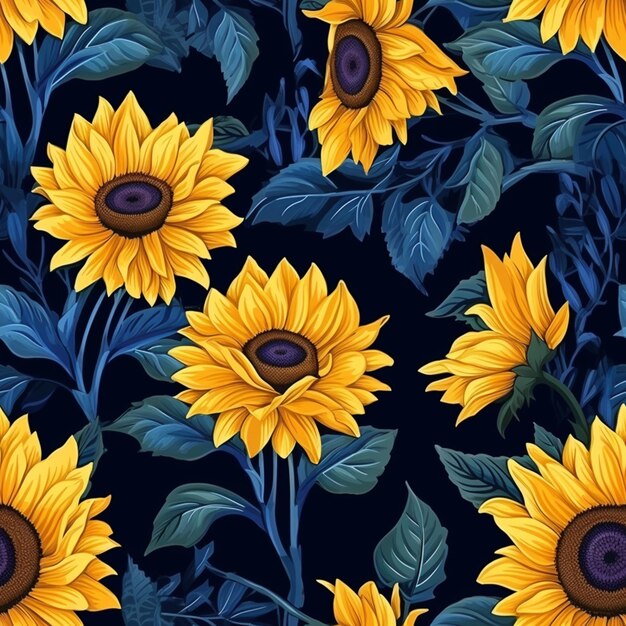 a close up of a bunch of sunflowers on a black background generative ai