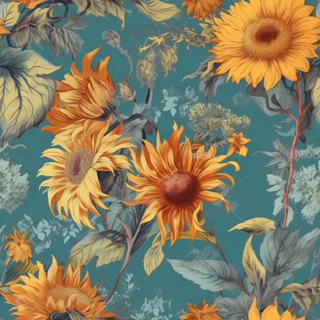 A close up of a bunch of sunflowers on a blue background generative ai