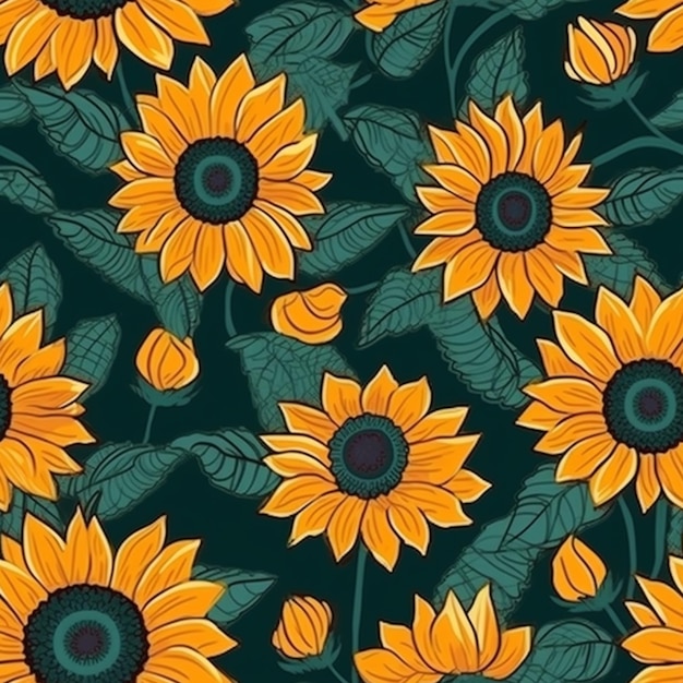 a close up of a bunch of sunflowers on a green background generative ai