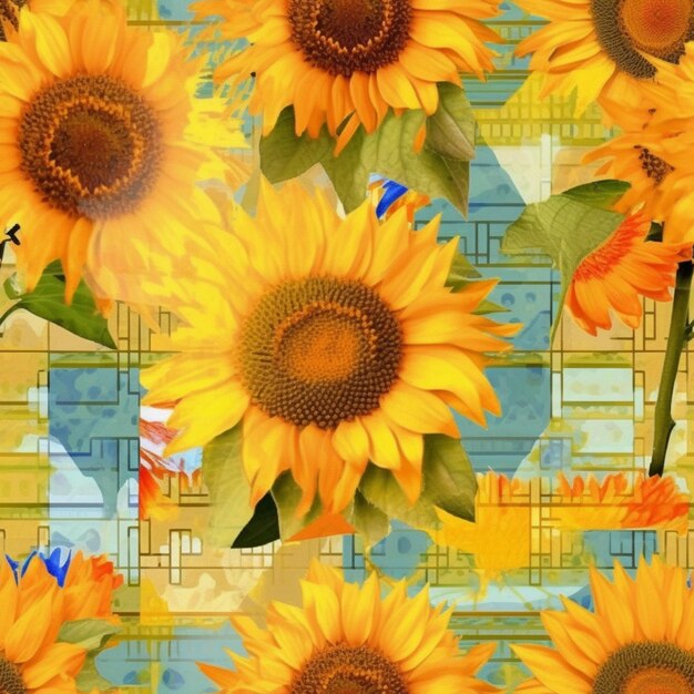 A close up of a bunch of sunflowers on a tiled surface generative ai
