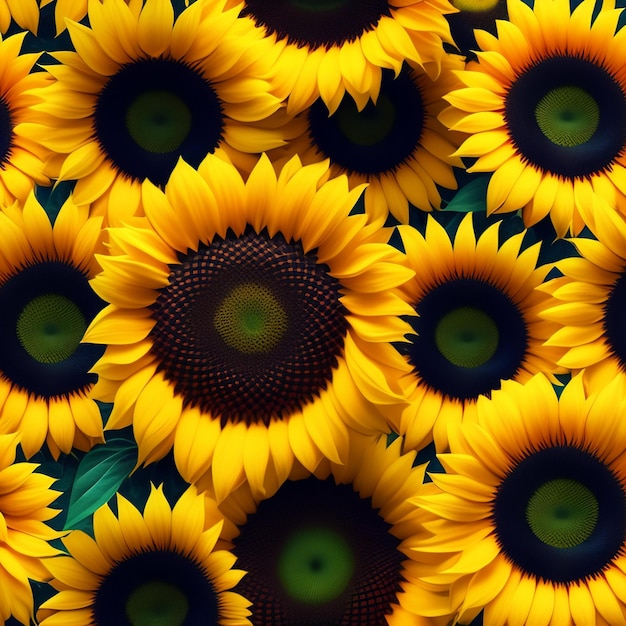 A close up of a bunch of sunflowers with a green leaf.