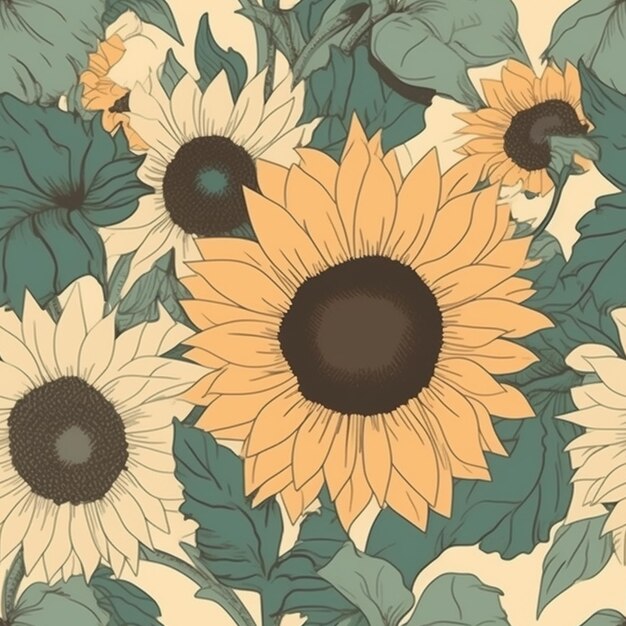 a close up of a bunch of sunflowers with leaves generative ai