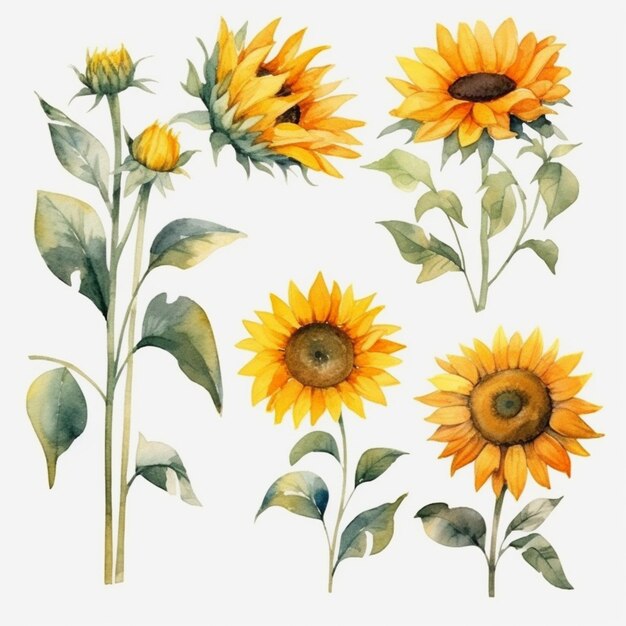 a close up of a bunch of sunflowers with leaves generative ai