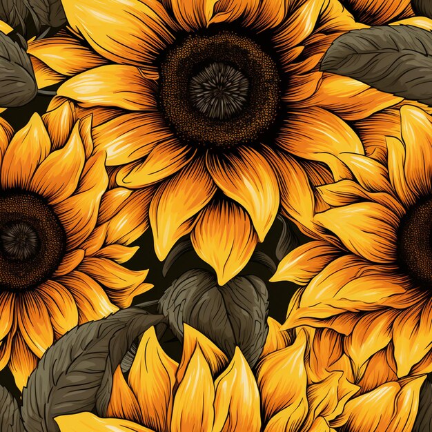 a close up of a bunch of sunflowers with leaves generative ai