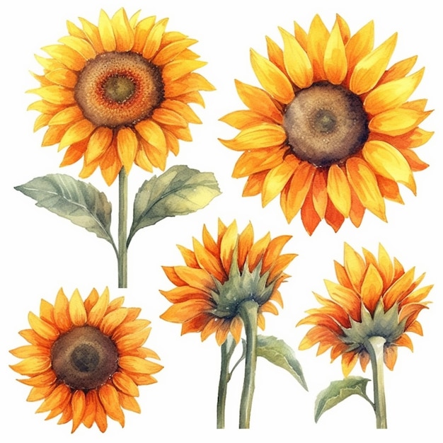 A close up of a bunch of sunflowers with leaves generative ai