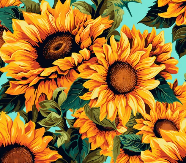 A close up of a bunch of sunflowers with leaves generative ai