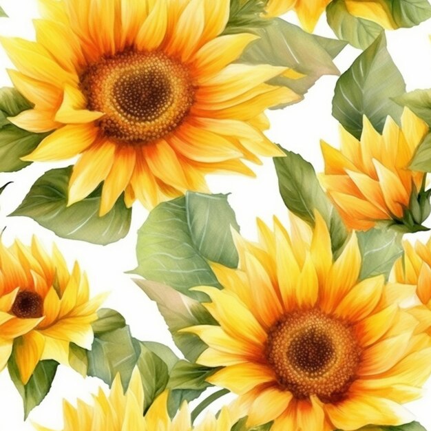 A close up of a bunch of sunflowers with leaves generative ai