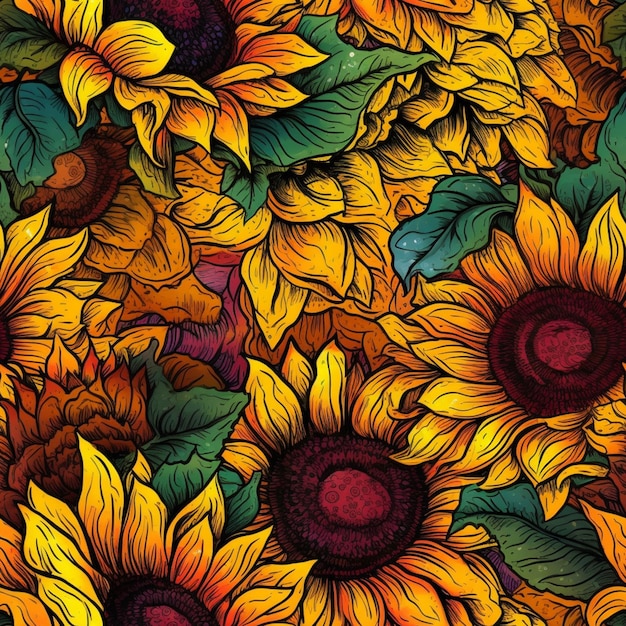 a close up of a bunch of sunflowers with leaves generative ai