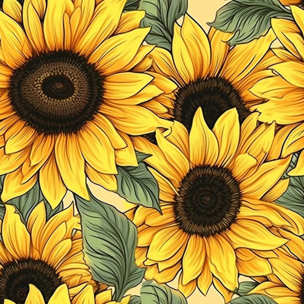 A close up of a bunch of sunflowers with leaves generative ai