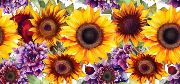 A close up of a bunch of sunflowers with purple and yellow flowers generative ai