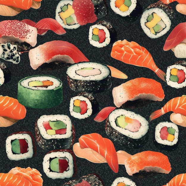 a close up of a bunch of sushi on a black surface generative ai