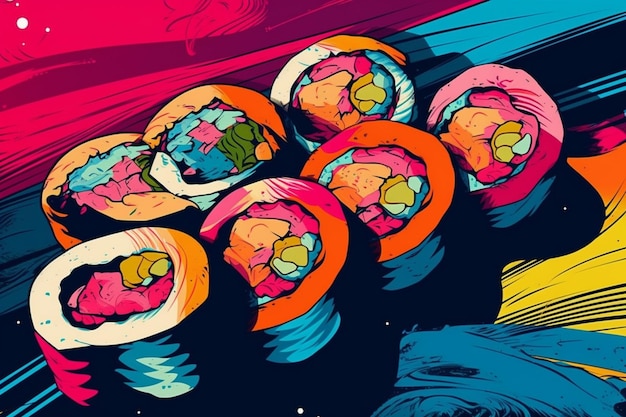 Foto un primo piano di un mucchio di rotoli di sushi su uno sfondo colorato ai generativo