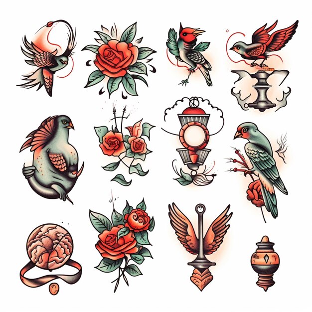 a close up of a bunch of tattoos on a white background generative ai