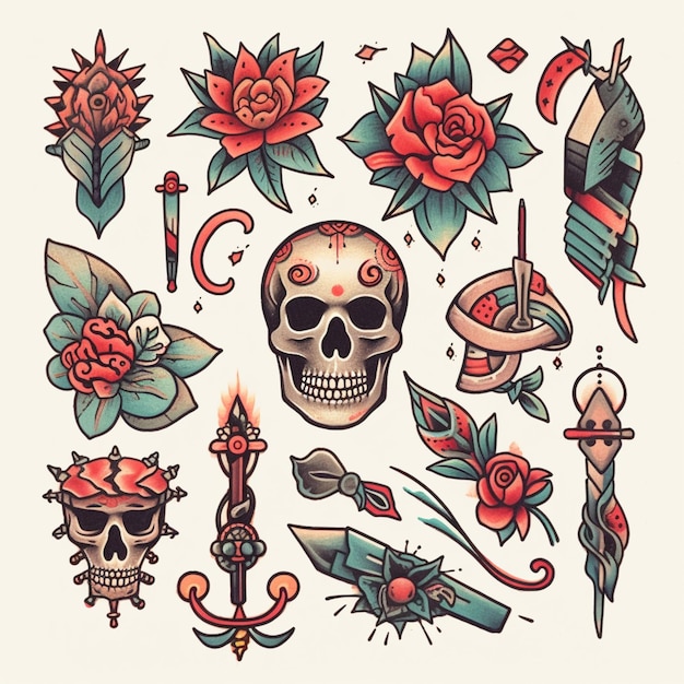 Photo a close up of a bunch of tattoos with a skull and flowers generative ai