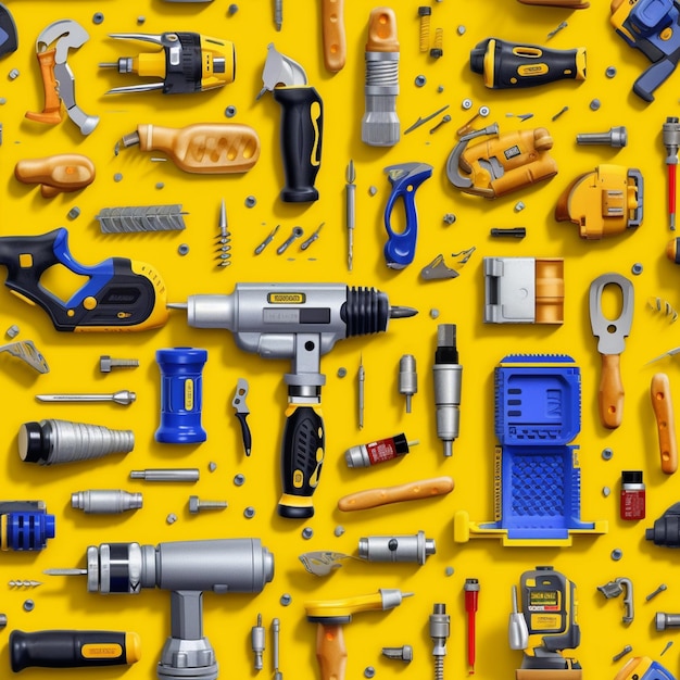 A close up of a bunch of tools on a yellow background generative ai