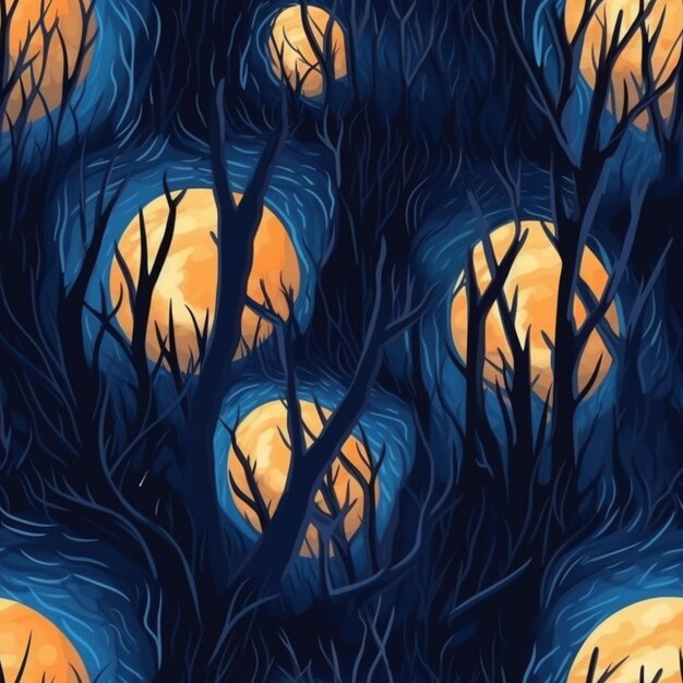 A close up of a bunch of trees with the moon in the background generative ai
