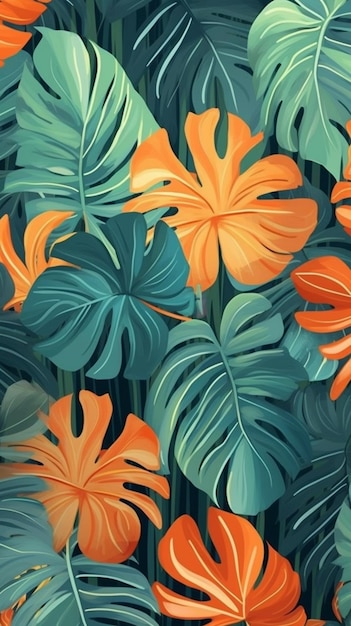 A close up of a bunch of tropical leaves on a green background generative ai