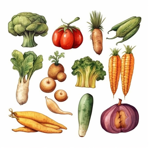 A close up of a bunch of vegetables on a white background generative ai
