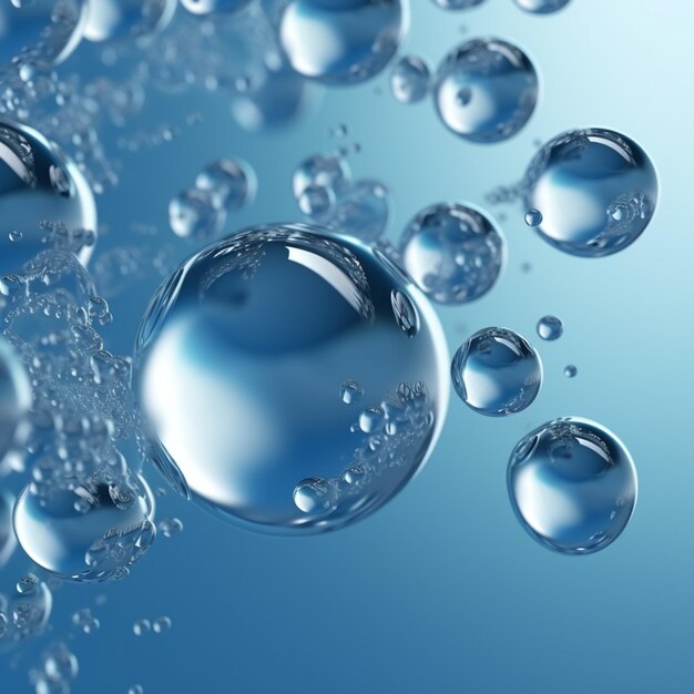 青い表面に浮かぶ水の泡の束のクローズアップ生成AI