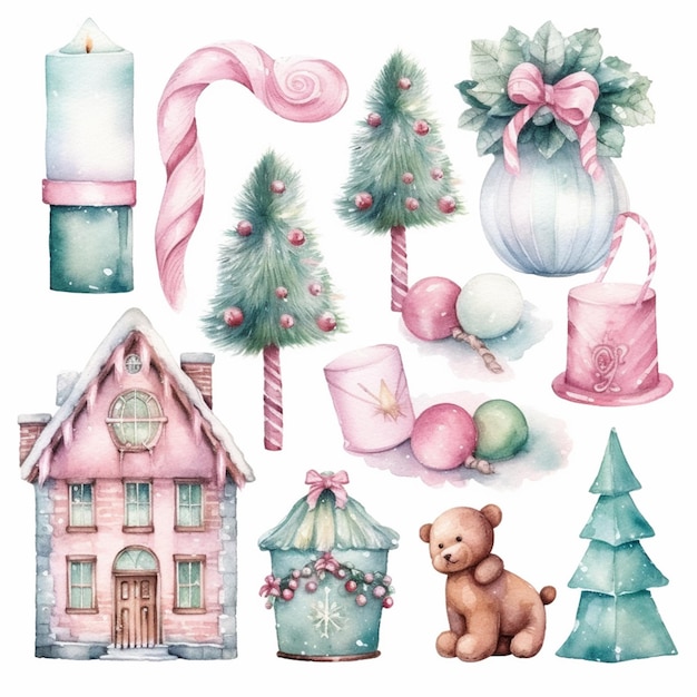 A close up of a bunch of watercolor christmas items generative ai